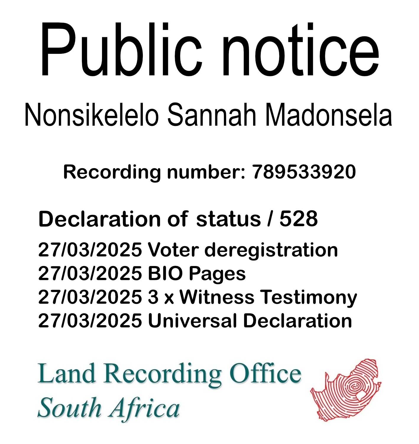 Public Notice Nonsikelelo Sannah Madonsela (c) Recording number 789533920